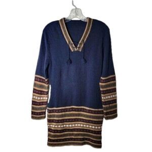 𝅺BOHO Knit Sweater Dress Geometric Pattern V-Neck Tassels Size Small*